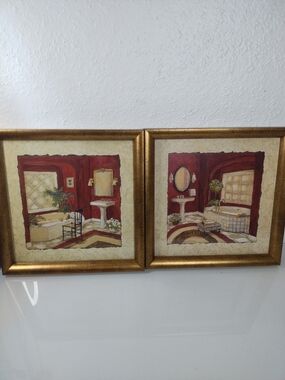 C. Winterle Olson 13.5"sq Set Bathroom prints Red/Gold Beautifully feamed